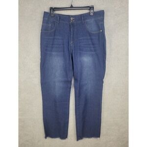 Women's Blue Denim Jeans L Raw Hem Stretch High Rise Casual Straight Slim Fit